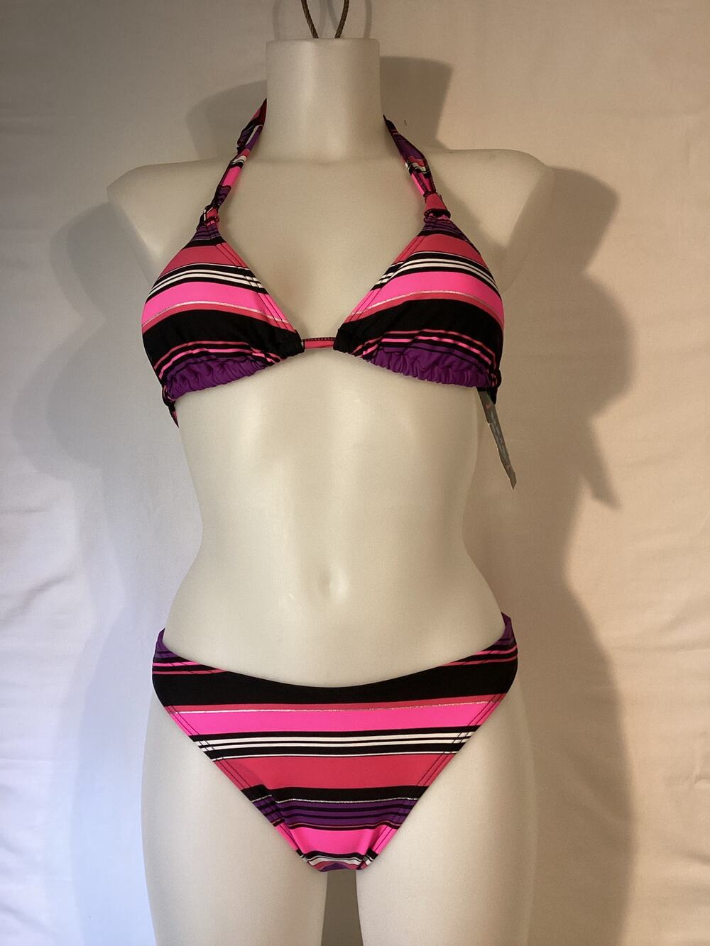 1353 NWT Bikini Bay MM 43T PPST 2 Piece Bikini Pink Black Stripes Sizes 6/14